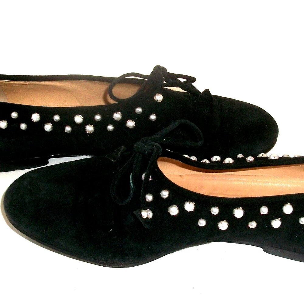 Vintage Maud Frizon Paris Black Suede Flats with White Pearl Detail 9M 39M